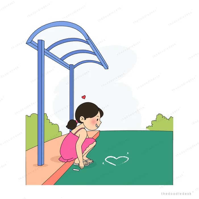 Girl resting under a blue shelter canopy with a small red heart floating beside her