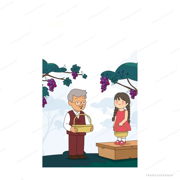 Grandfather carrying a basket while a girl in a red dress stands on a crate under a grape vine