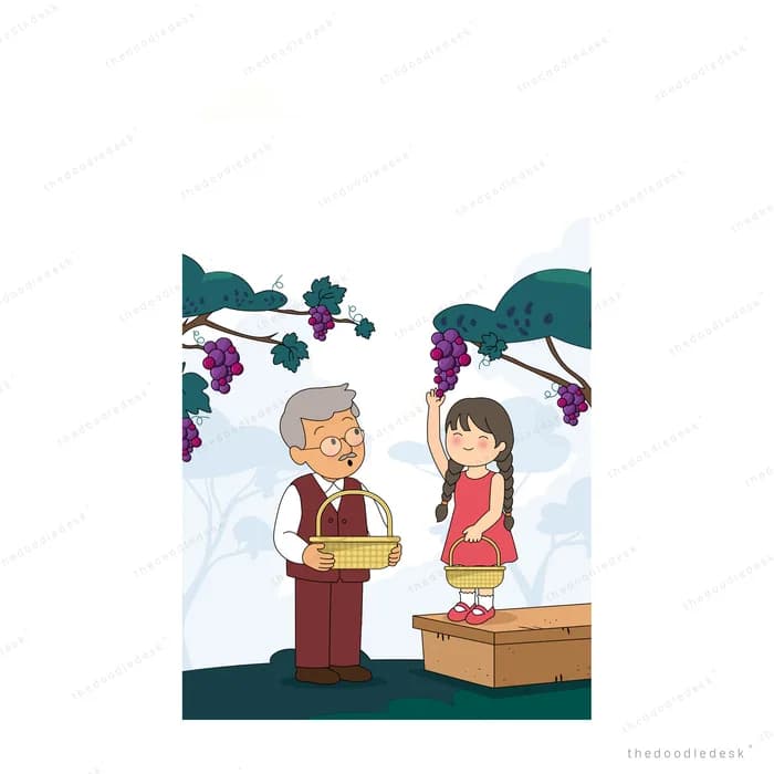 Girl on a crate reaching up to pick grapes while her grandfather holds the basket