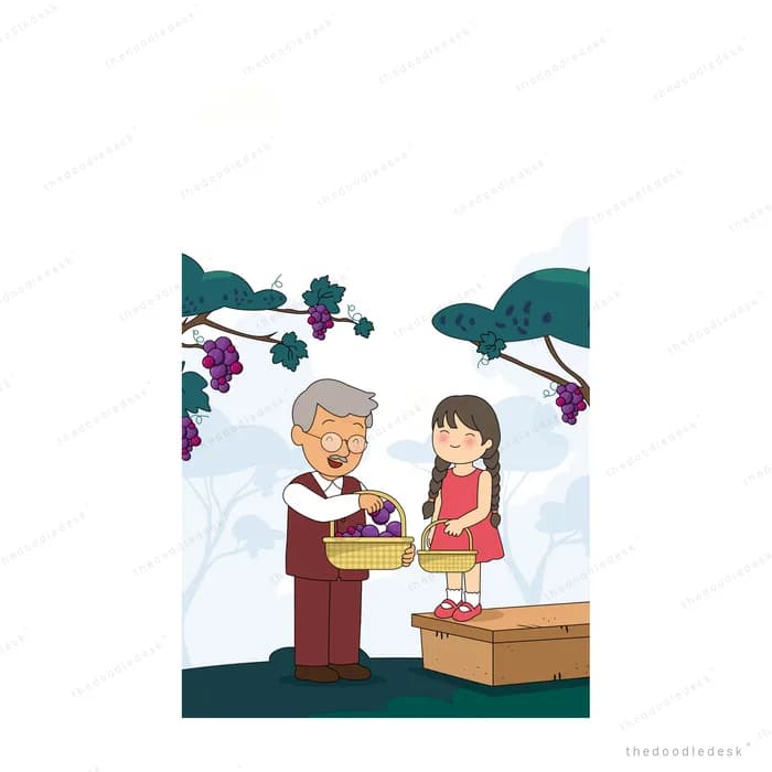 Grandfather showing a girl the grapes collected in his basket