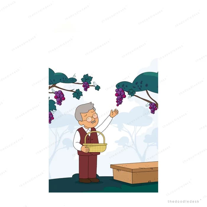 Grandfather reaching up to pick a bunch of grapes while holding a basket