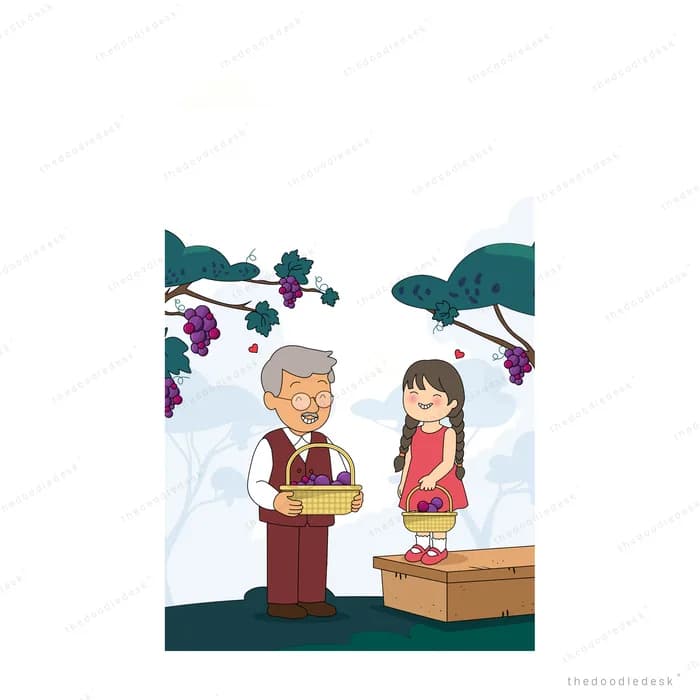 Grandfather and laughing girl carrying a grape basket between them in the vineyard