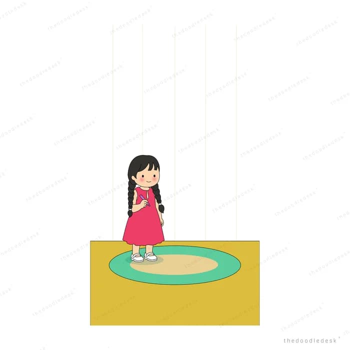 Girl standing on a green rug holding out a long red ribbon