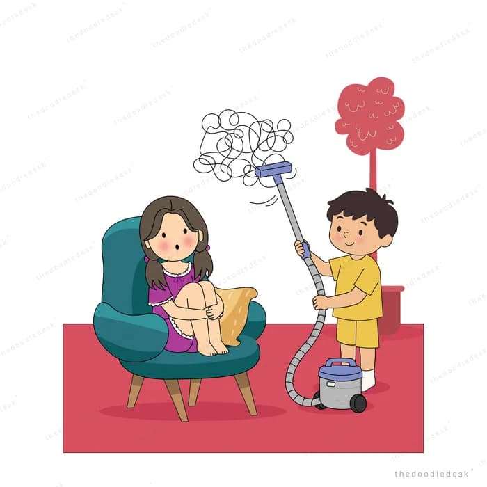 Boy pointing a vacuum hose at the tangled worry cloud above a woman in an armchair