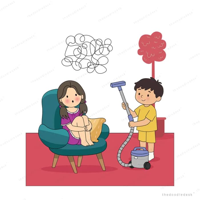 Boy vacuuming away most of the tangled worry cloud above a seated woman