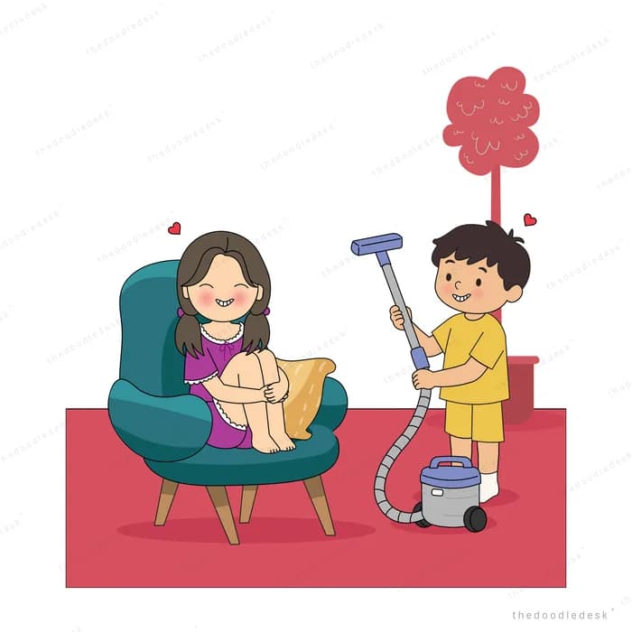 Boy finishing vacuuming the worry cloud while the woman laughs in her armchair
