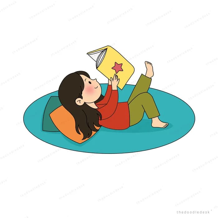Woman lying back on a round teal rug holding up a yellow book to read