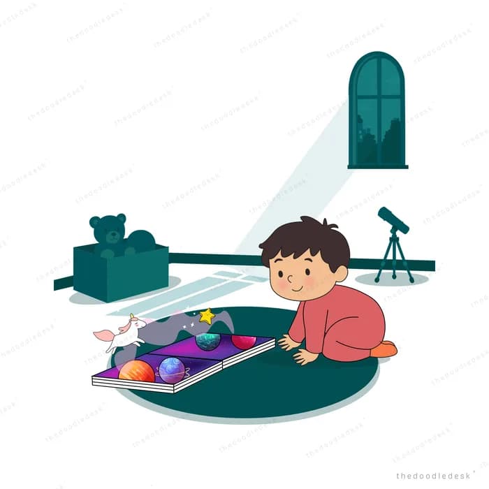 Boy on a rug watching a purple magical landscape rise out of his open storybook
