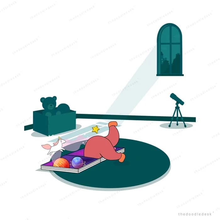 Boy diving head first into the open magic storybook lying on the rug