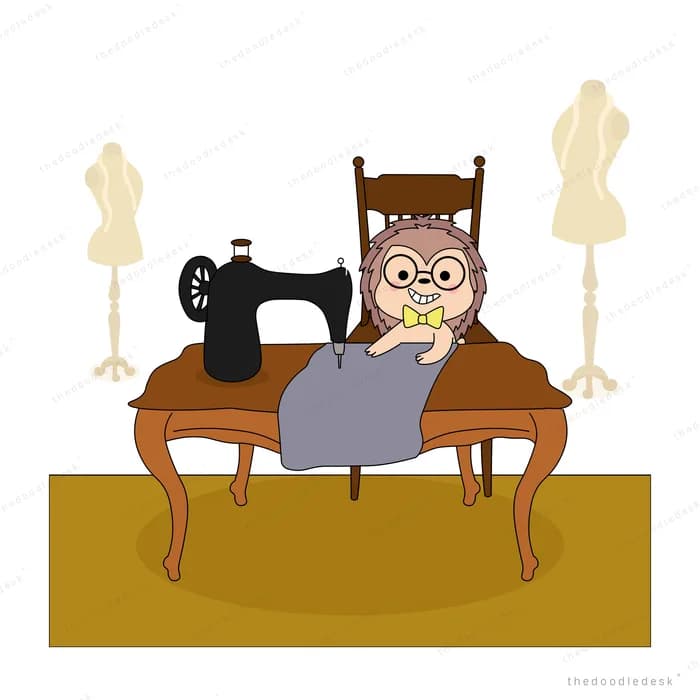Seamstress sewing grey cloth at a treadle sewing machine between two dress forms