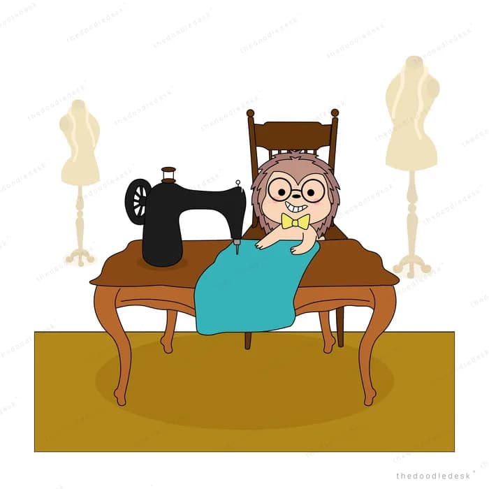 Seamstress sewing a teal garment at her treadle sewing machine