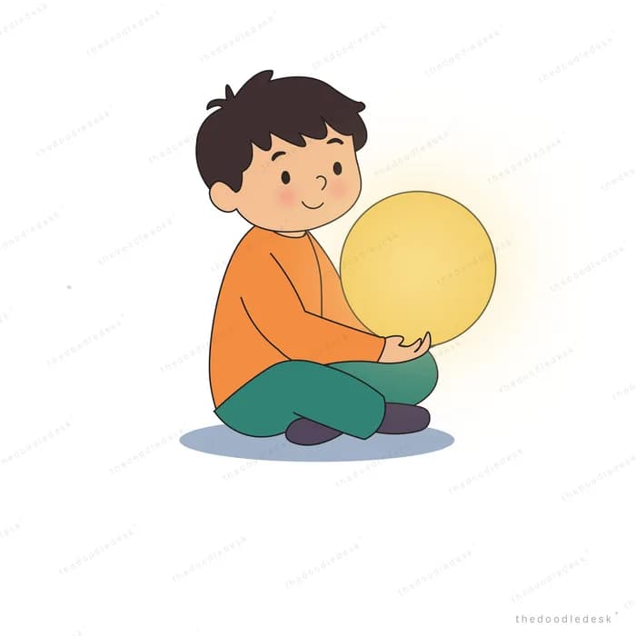 Boy sitting cross-legged cradling a large glowing yellow orb