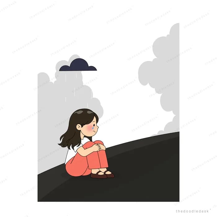 Girl in pink hugging her knees on a dark slope under a small storm cloud