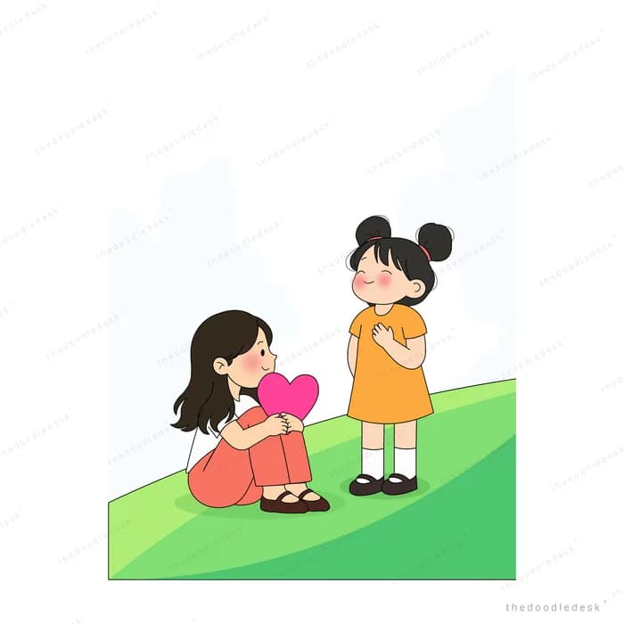 Girl sitting on green grass holding a pink heart while another girl stands beside her