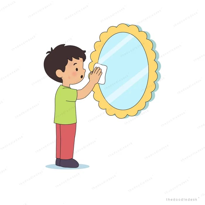 Boy in a green t-shirt polishing a large golden scalloped cloud with a cloth
