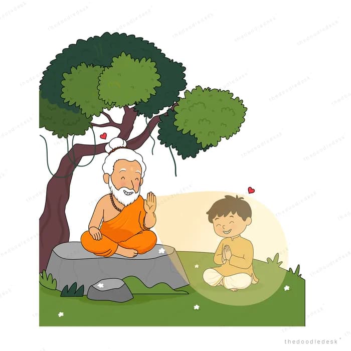 Sage in orange robes sitting cross-legged on a rock teaching a boy beside a waterfall