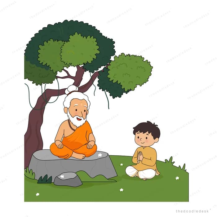 Boy sitting cross-legged in front of a bearded sage meditating on a rock
