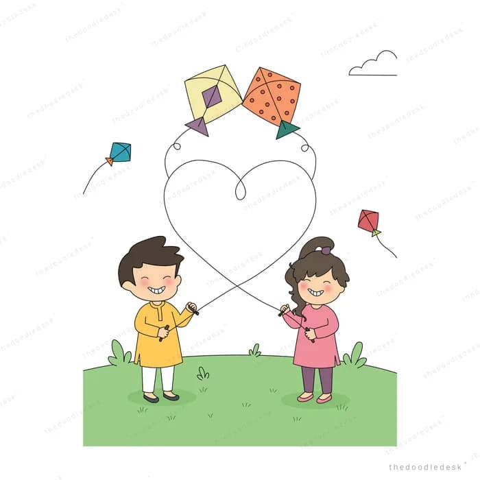 Boy and girl flying kites whose strings cross into a heart shape above them