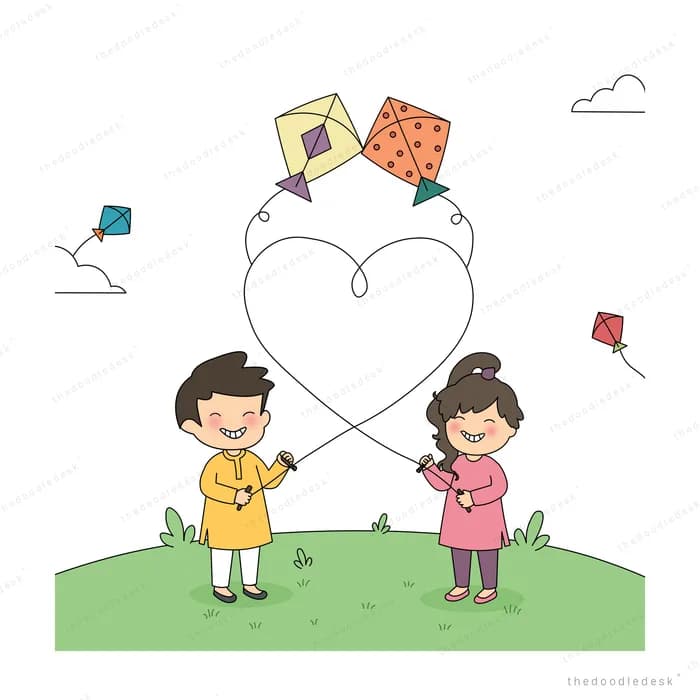 Boy and girl on a green hill flying kites that trace a heart in the sky