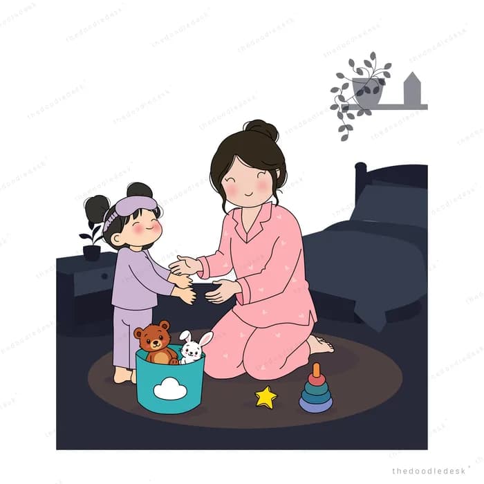 Woman kneeling on the rug helping a small girl put toys back in the basket