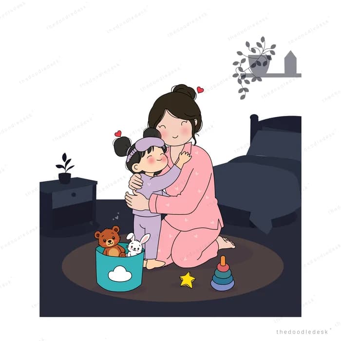 Woman hugging a small girl on the bedroom rug with hearts floating above them