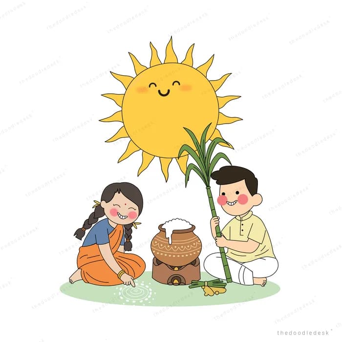 Man holding a sugarcane stalk beside a woman drawing a kolam and a pongal pot on a stove under a smiling sun