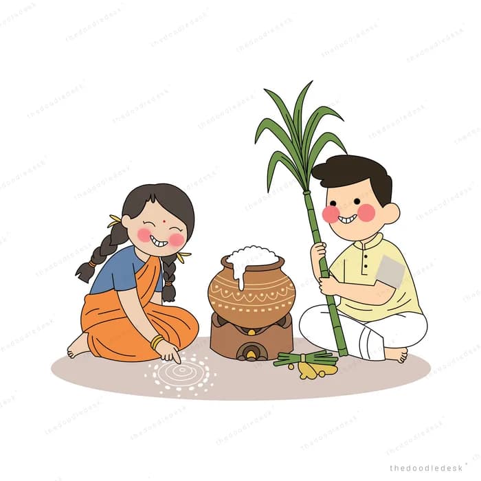 Man carrying sugarcane while a woman kneels drawing a kolam beside a boiling pongal pot