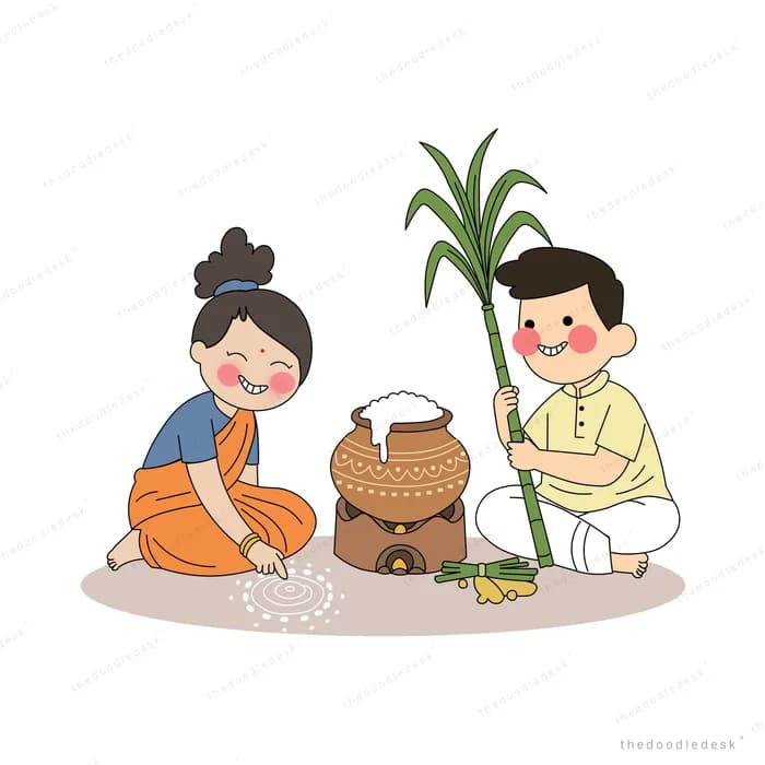 Man holding a sugarcane stalk beside a clay pongal pot while a woman draws a kolam on the ground