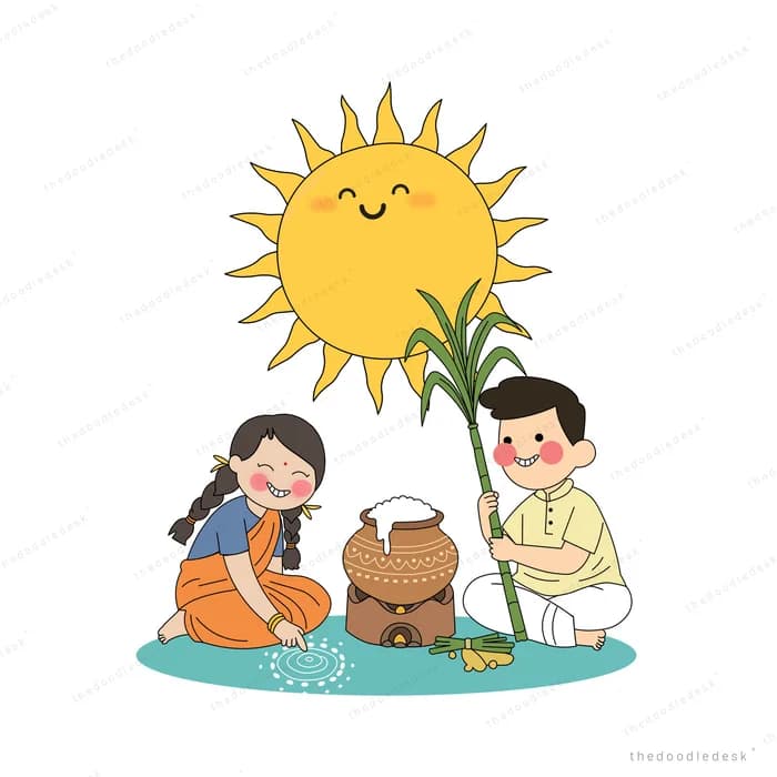 Pongal pot boiling on a stove between a woman drawing a kolam and a man with sugarcane under a smiling sun