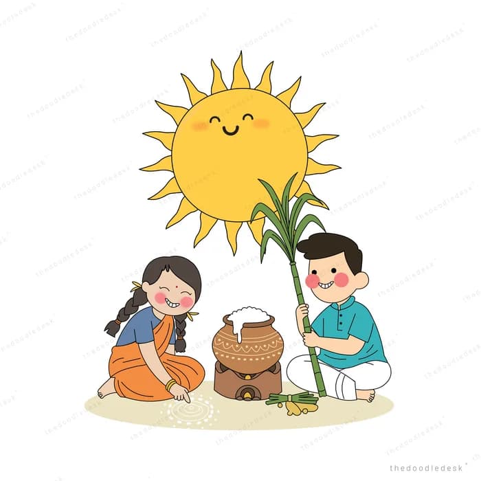 Man in a blue kurta holding sugarcane while a woman kneels at a kolam beside the pongal pot