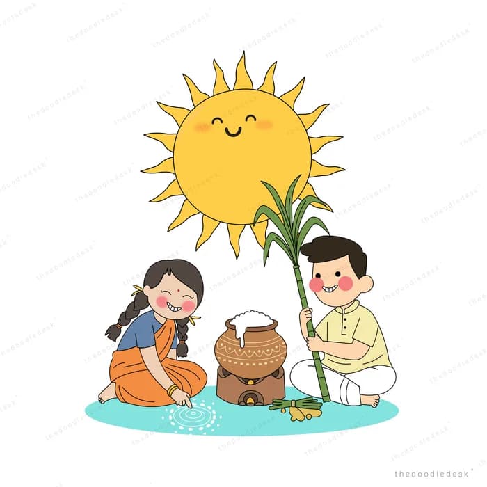 Pongal pot steaming on a stove on a teal patch with a woman at the kolam and a man with sugarcane