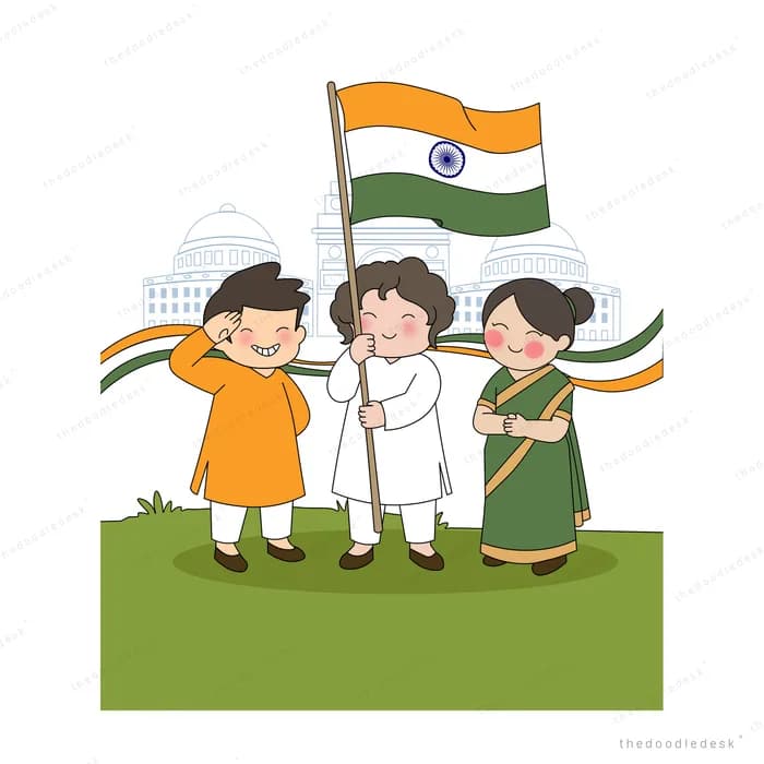 Three children holding the indian tricolour flag with monument domes behind them