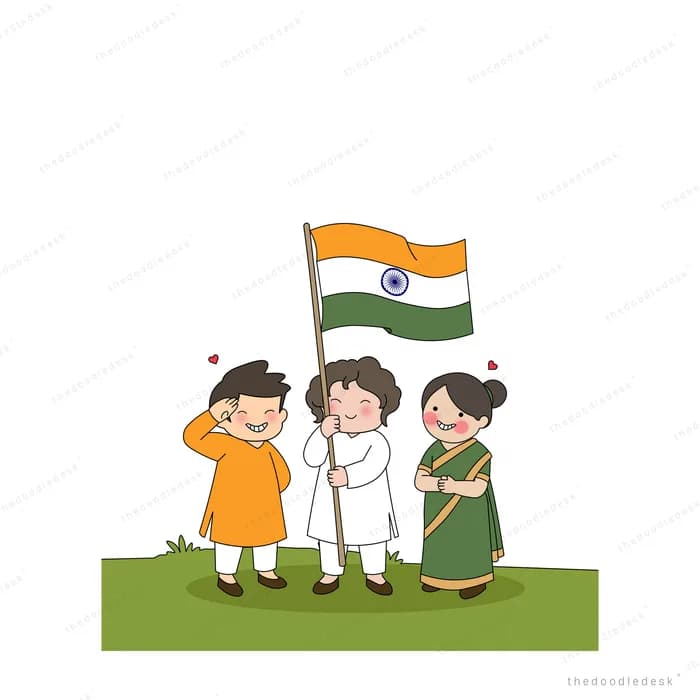 Children clustered around a tall indian flagpole with the tricolour unfurling above
