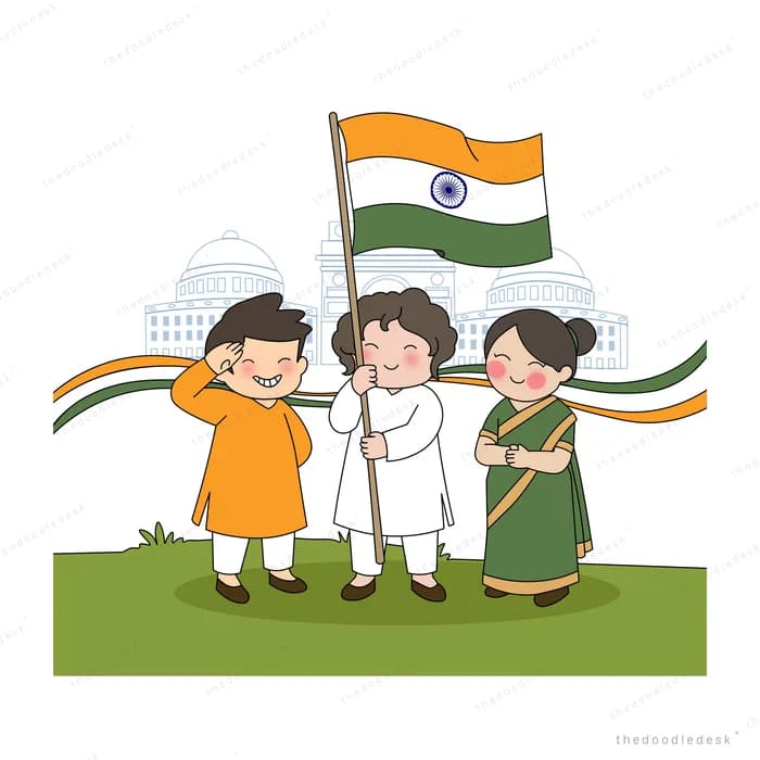 Three children holding a flagpole with a folded tricolour and streaming ribbons