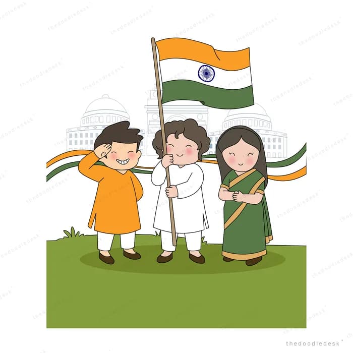 Boy saluting while two children hold the indian tricolour before a domed monument