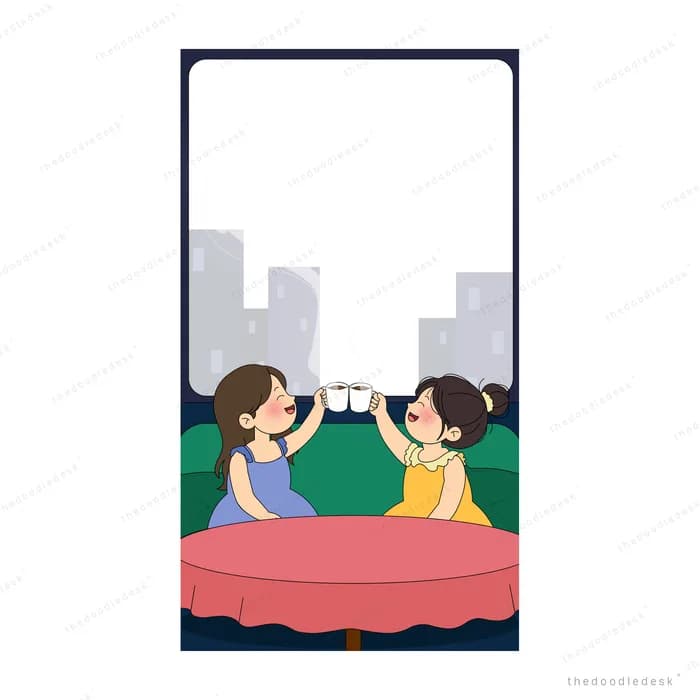 Two girls sitting on a green sofa with drinks at a round red table by a city window