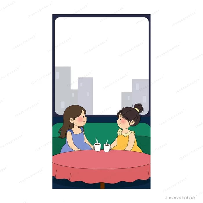 Two girls talking over drinks at a round table in front of a window with a city skyline