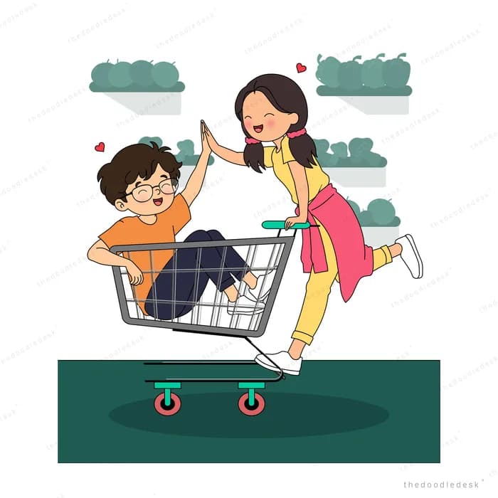 Boy cheering from inside a shopping trolley as a girl runs it along the aisle