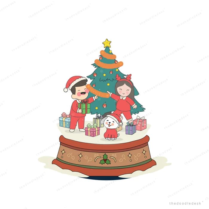 Two children in santa outfits decorating a christmas tree ringed with wrapped gifts