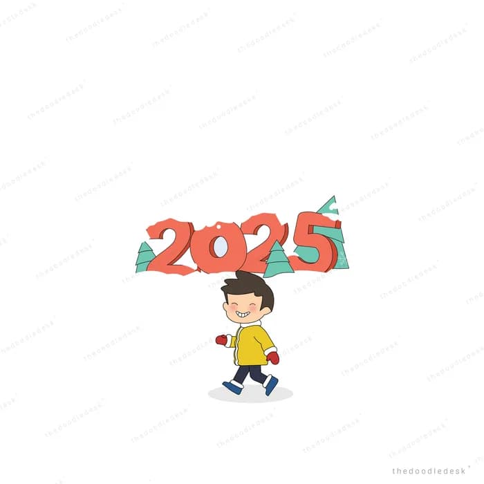 Boy in a yellow coat and red mittens walking through snow beneath big red 2025 numerals