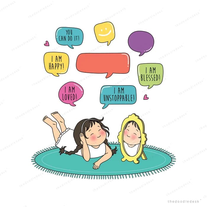 Two girls lying on a round teal rug with colourful speech bubbles floating above them