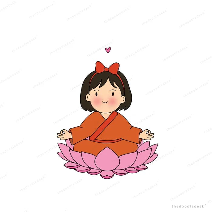Girl in a red robe sitting cross-legged on a pink lotus flower with a heart above her