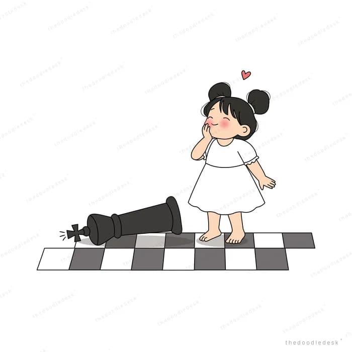 Girl in a white dress smelling a small flower while walking along a chequered path