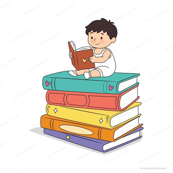 Boy sitting on top of a tall stack of coloured books reading one of them