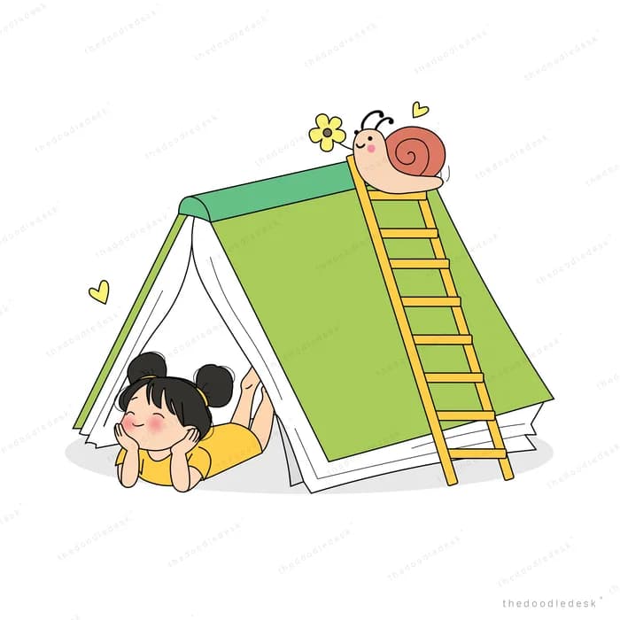 Girl lying under a giant open book propped like a tent while a boy climbs a ladder up its cover