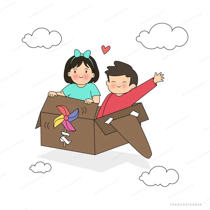 Two children flying a cardboard box like an aeroplane among white clouds