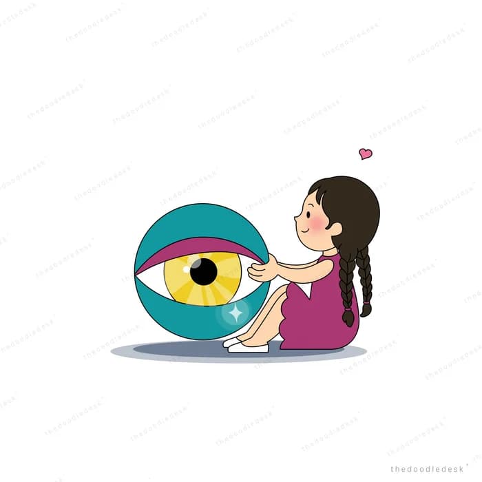 Girl in a magenta dress sitting beside a giant evil eye nazar amulet