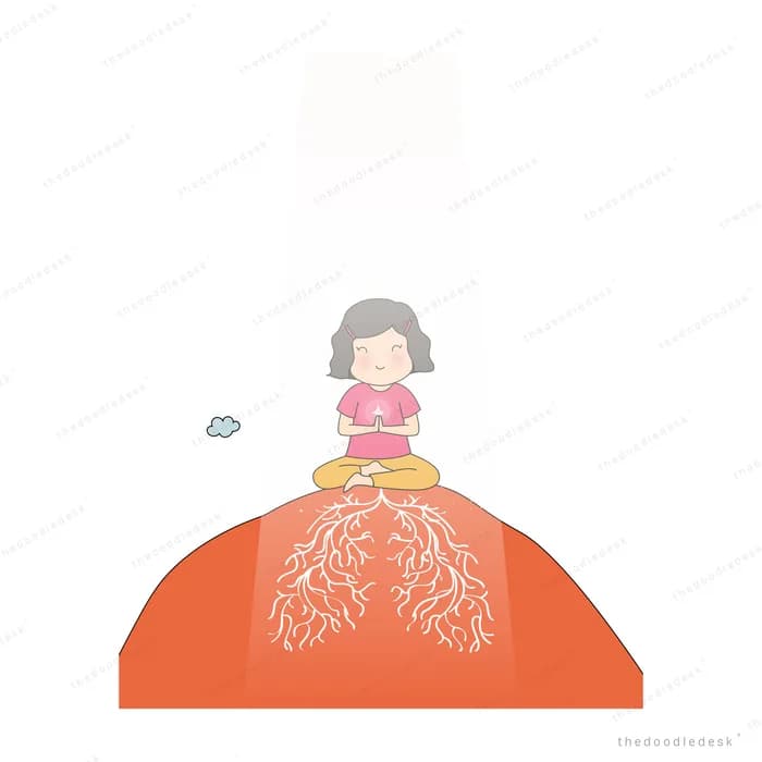 Girl sitting cross-legged meditating on top of a red volcano venting steam