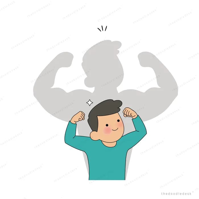 Boy in a teal jumper flexing both arms with a big grey muscle shadow above him