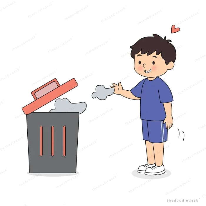 Boy tossing a crumpled paper ball into a grey rubbish bin